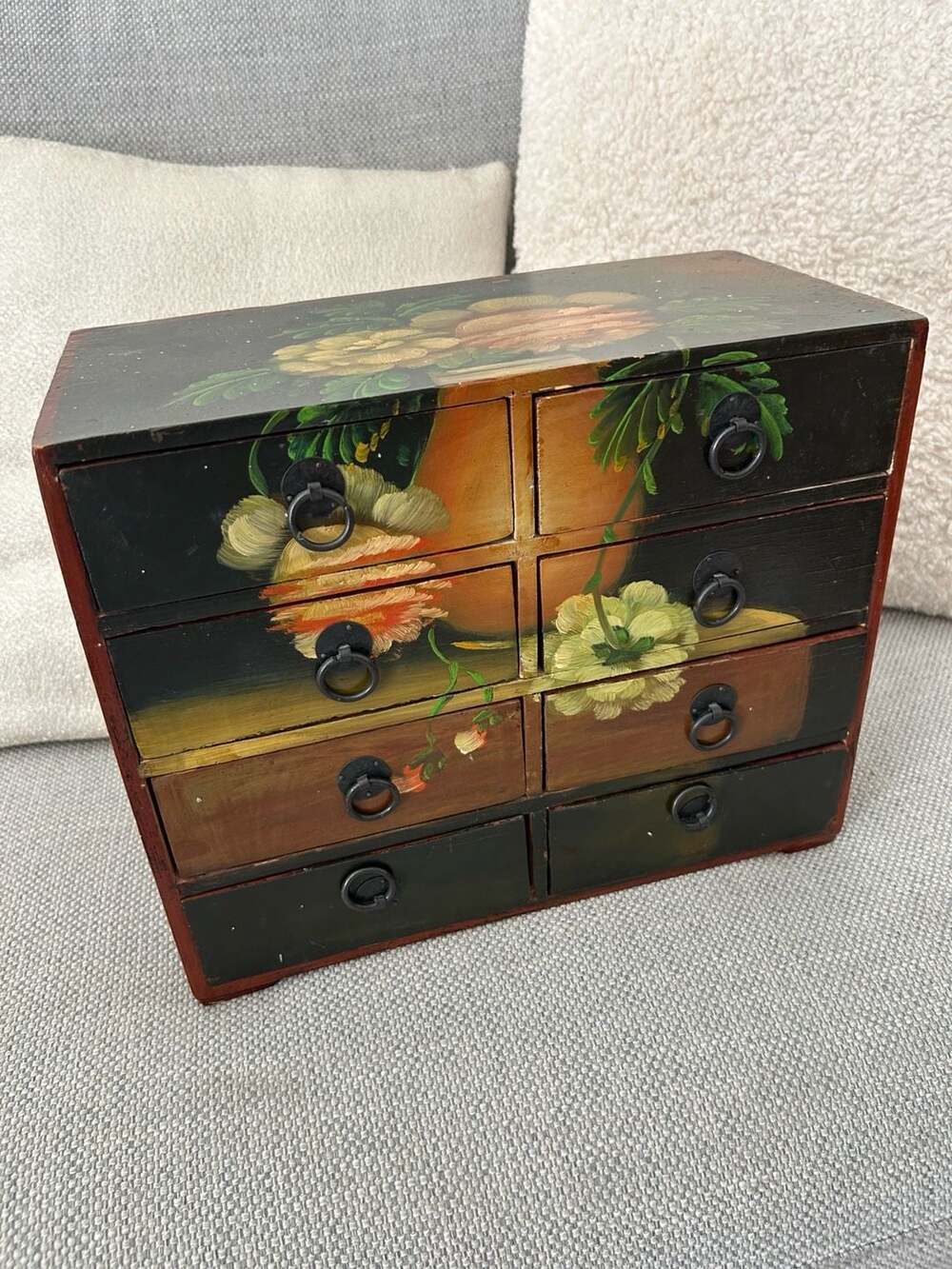 Vintage Hand-Painted Floral 8-Drawer Wood Jewelry Box